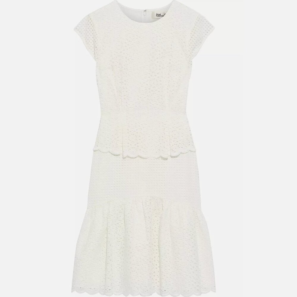 NWT DIANE VON FURSTENBERG Sz8 ANNIKA TIERED EYELET MESH SHORT SLEEVE DRESS IVORY - Picture 3 of 10